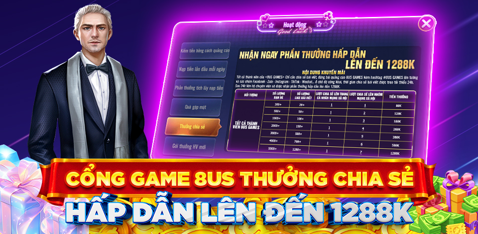 Cổng Game 8US Thưởng Chia Sẻ Hấp Dẫn Lên Đến 1288K